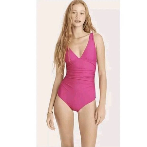 J. Crew Long-Torso Ruched V-neck OnePiece Swim Radiant Fuchsia Pink Size 6 (856 - Picture 1 of 5